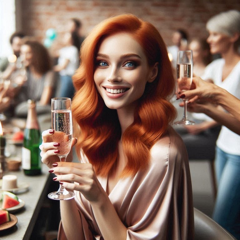 una mujer con cabello rojo, ojos azules profundos, brindando en un salón con muchas personas.png