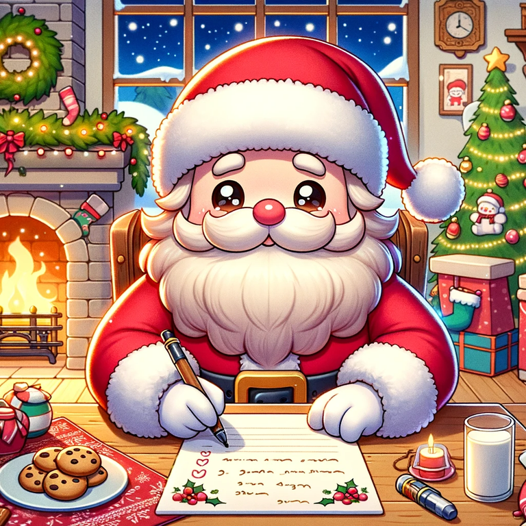 DALL·E 2023-12-25 20.34.06 - Santa Claus sitting at a desk, writing a list in a kawaii anime art style. He is wearing his traditional red and white suit, depicted with exaggerated.png