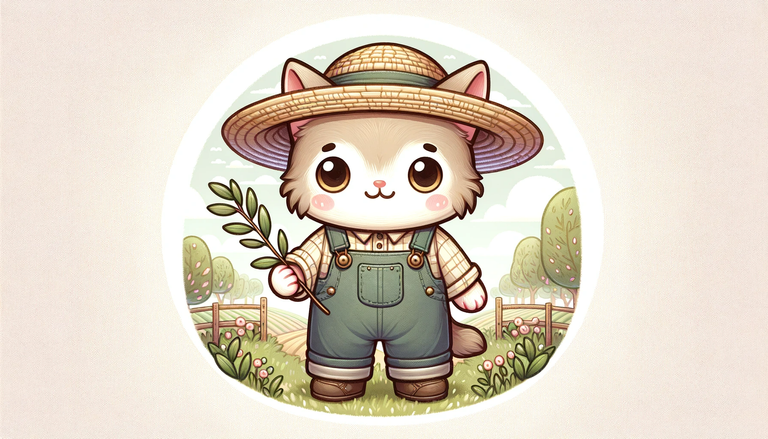 DALL·E 2023-12-23 21.13.17 - An anthropomorphic farmer cat holding an olive branch, designed in a kawaii style with softer lines and a more endearing appearance. The cat stands up.png