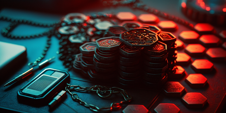 ackza_a_table_full_of_red_hexagonal_honeycomb_metal_coins_and__34397bd9-4e37-4a01-af44-5c314af42e51.png