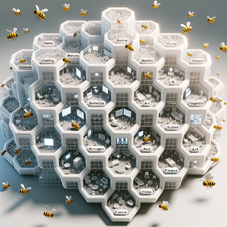 DALL·E 2023-10-14 11.22.27 - Render of a 3D digital world where users interact within a structure resembling a massive honeycomb. Each cell is a unique activity zone_ chatting are.png