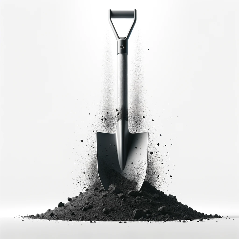 DiggnDeeper_ActiveRevival - A minimalist grayscale image of a spade shovel embedded in soil, symbolizing the action of digging, with loose soil particles flying off the blade to .png