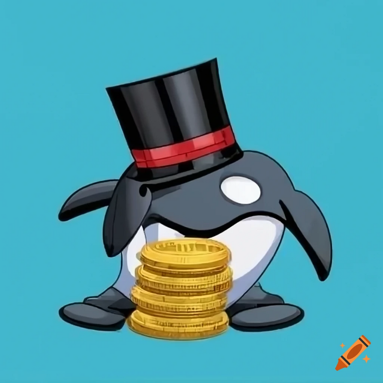 Craiyon - a cartoon orca whale with a top hat stacking coins