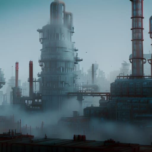 Smoke slowly rising from a futuristic industrial site with hints of life and hope