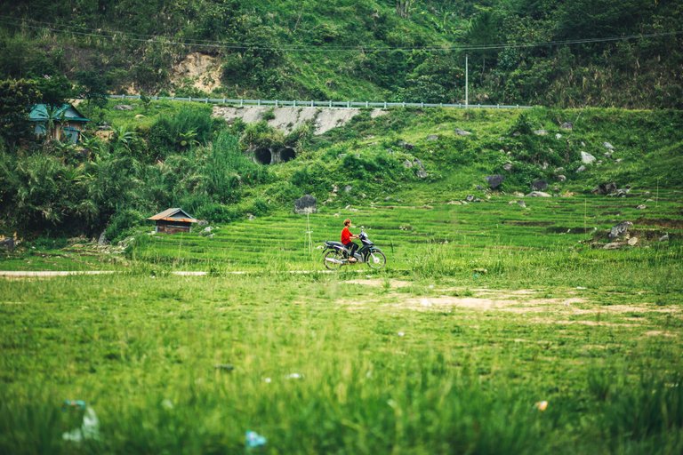 We can easily see children riding motorbikes in this village.