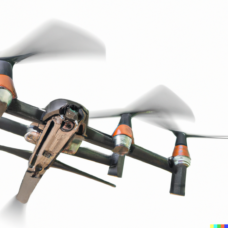 DALL·E 2023-03-24 22.48.57 - Killer drone quadrocopter witch pointy, 50 cm long, sword like, stainless steel spikes and a explosive package to hunt down human targets via AI and f.png