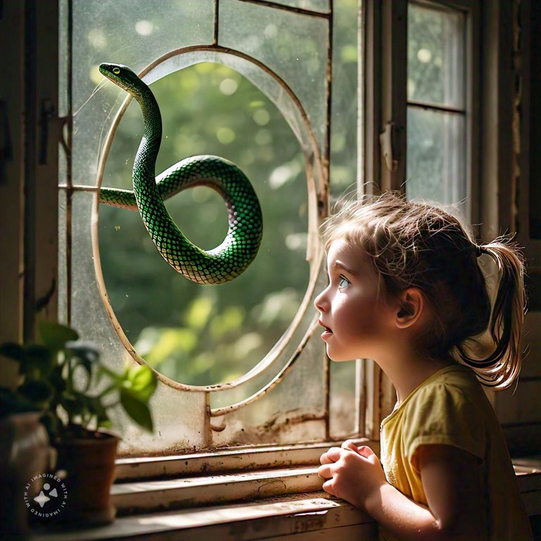 a_5_year_old_girl_standing_at_the_kitchen_window_gazing_at_the_snake_trying_to_enter_through_the_bullseye_opening_the_snake_s_emerald_green_scales_glinting_in_the_sunlight_catching_her_eye.jpeg