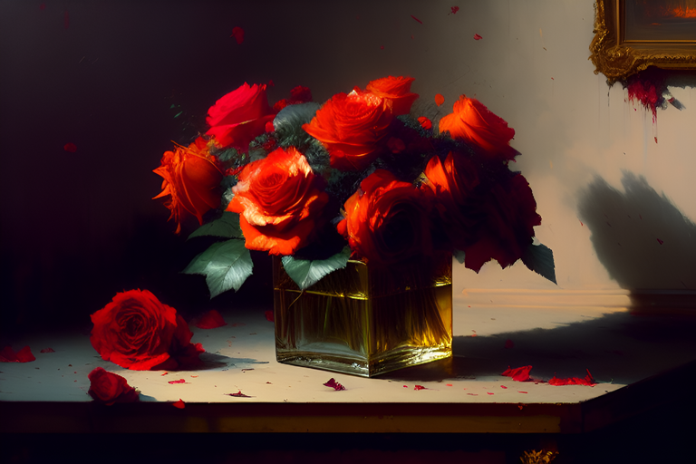 ImgCreator.ai dying roses in a square vase, modern setting.png