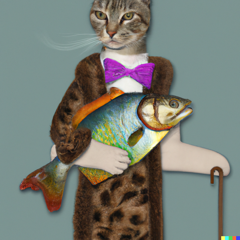 DALL·E 2022-11-07 13.27.28 - A cat dressed in Jean Paul Gaulltier holding a fish..png