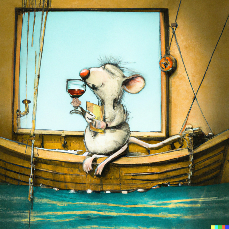 DALL·E 2022-11-07 13.09.16 - Little mouse sitting in a boat holding a glass of wine writing a post card..png