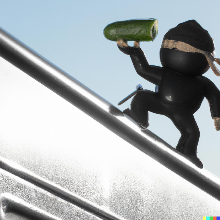 DALL·E 2022-11-07 13.43.00 - ninja sneaking a cucumber on the top of a train..png