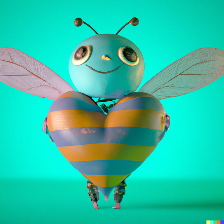 DALL·E 2023-03-07 12.58.13 - 3D Render of a turkis bee with a heart on the breast with a turkis studio background..png
