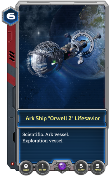 One of our cards; this one is a starship, but there are characters, weapons, installations and more.