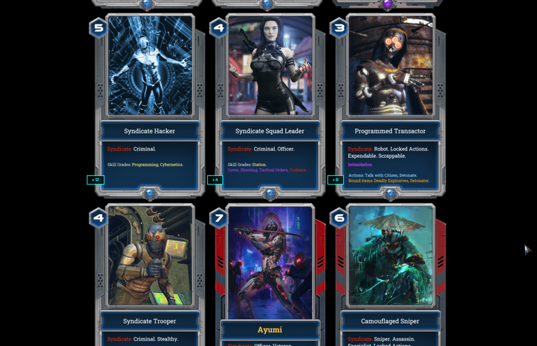 Six of the 200+ unique EXODE cards ; these are some of our Syndicate (criminal) characters.