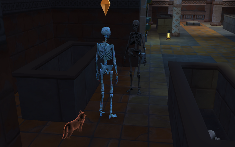 My sim have a ghost cat that came along into the temple, and my sim was turned into a skeleton when she met the temple guardian. Haha