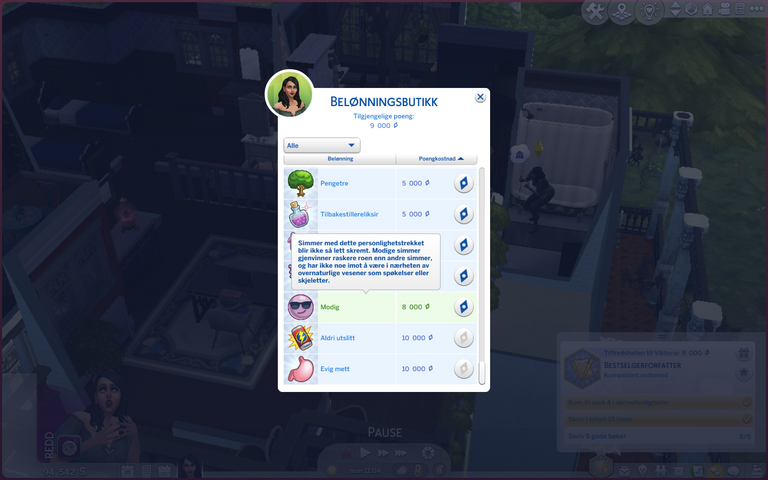 Picture showing me buying to be brave, while my sim is scared because she have seen a ghost. 
