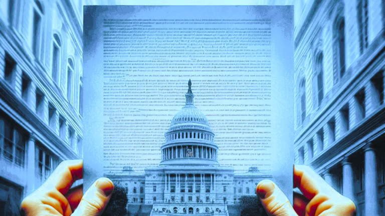 una imagen con un par de manos sosteniendo una hoja de papel de color azul con texto en primer plano, con un fondo difuminado que parezca un edificio gubernamental de estados unidos, donde la hoja azul con el .png