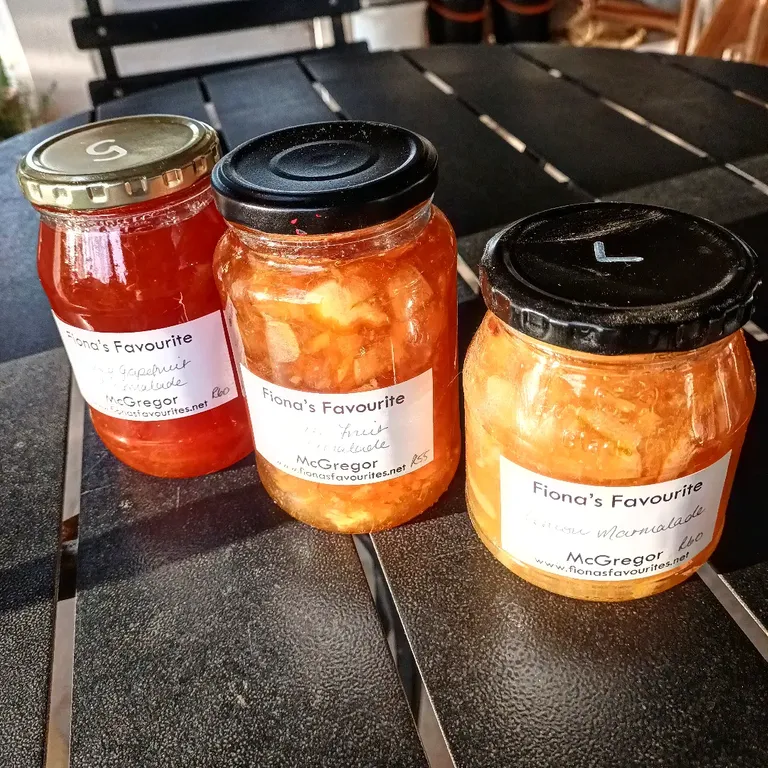 Grapefruit, three fruit and lemon marmalade - the black lids tell you which jars are re-purposed