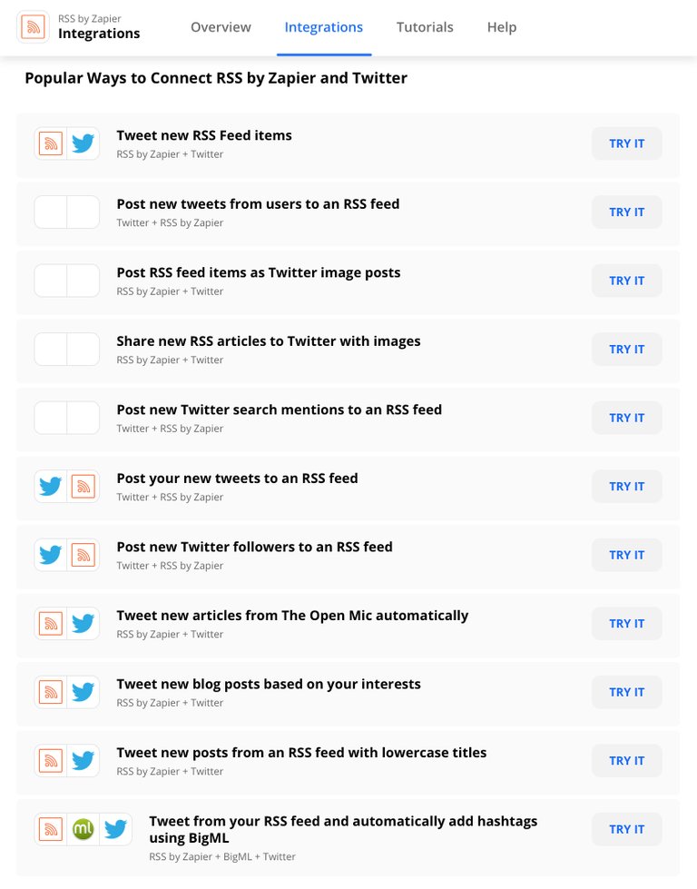 Different RSS & Twitter options available on Zapier