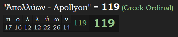Apollyon in Greek gematria equals 119 - just as mentioned in Revelation 9:11.