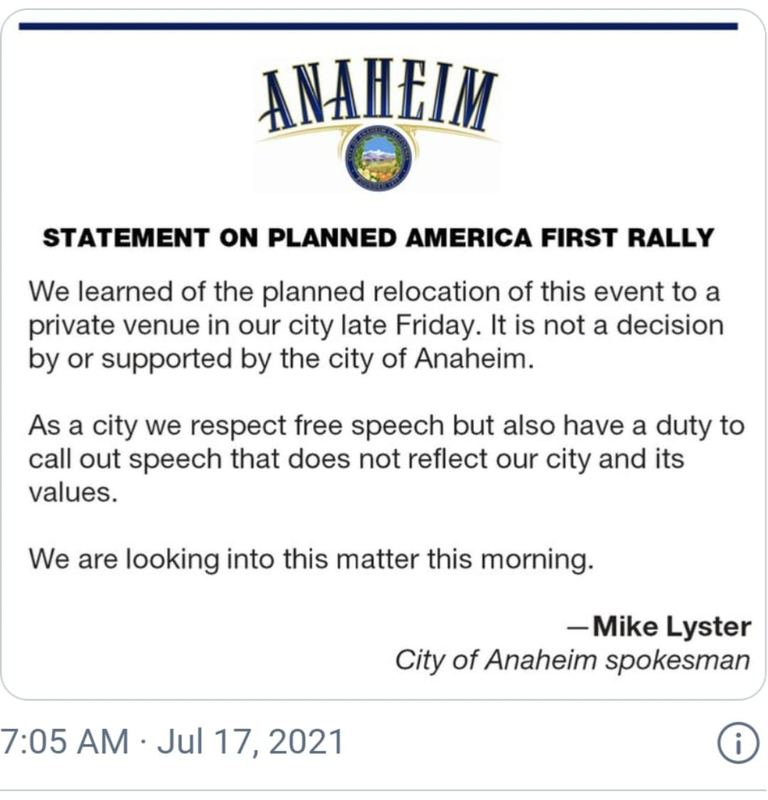 This is the statement made before Anaheim illegally cancelled the rally. Kind of the entire idea of the First Amendment is that speech doesn't need to be supported by the government.