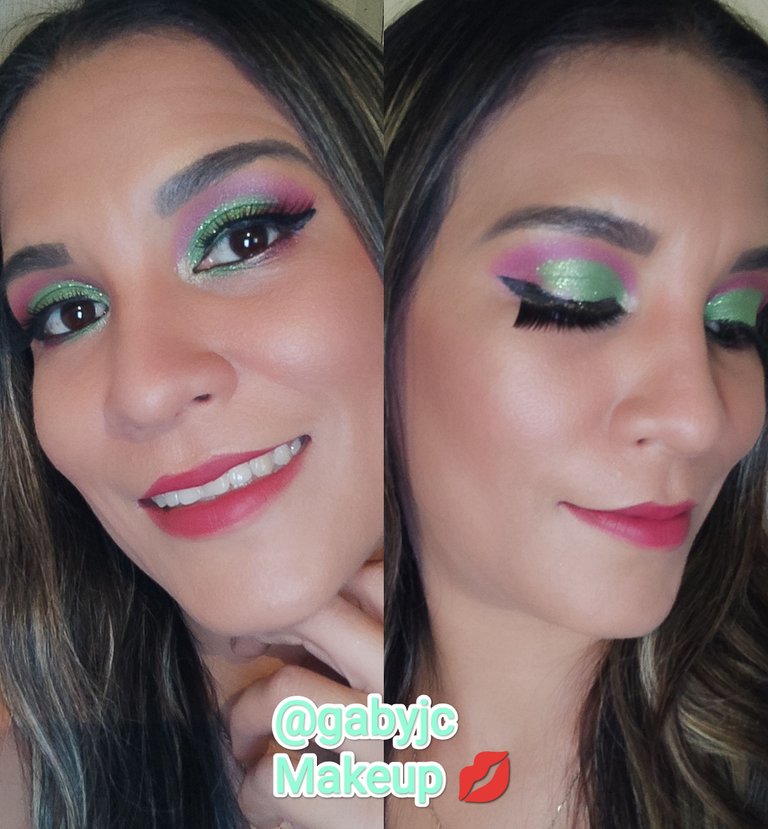  Esp/Eng] 💚💓🖤Hermoso maquillaje en tonos fucsia y verde con glitter 💚💓🖤Hermoso maquillaje en tonos fucsia y verde con glitter — Hive