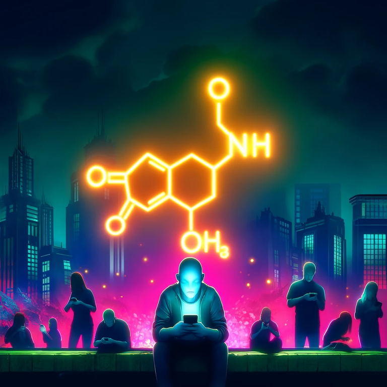 DALL·E 2024-04-18 11.47.05 - A conceptual illustration showing a dopamine molecule as a neon sign glowing brightly in a dark, ominous cityscape, representing the addictive nature .png