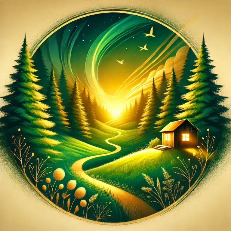 DALL·E 2024-11-28 12.11.32 - A symbolic representation of 'coming back,' featuring a lush green forest with a winding trail leading back to a small, cozy cabin illuminated by warm.webp