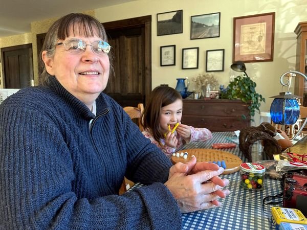 Pam, Hazel playing Chinese checkers crop Feb. 2024.jpg