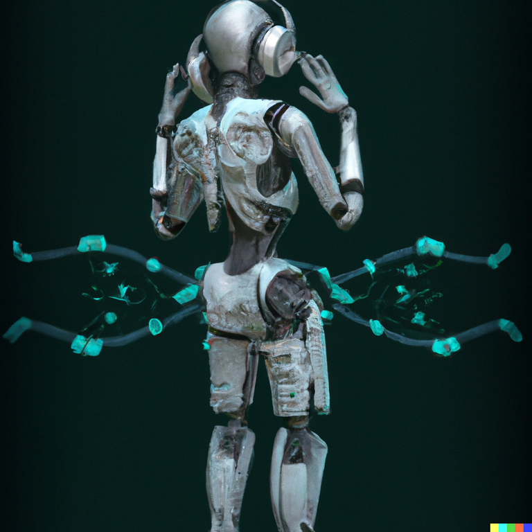 DALL·E 2023-02-08 22.30.30 - An Android, fully body, mechanical parts, 3d render, polygonal, synthesizer parts, Equalizer playing music for eyes painting.png