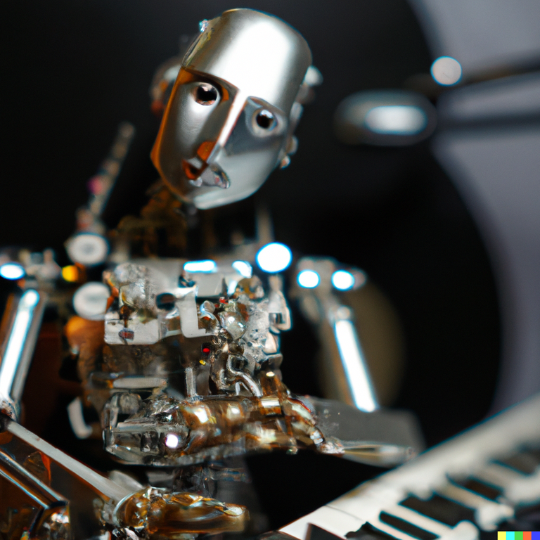 DALL·E 2023-01-25 23.23.25 - high quality photo of an Android made of small mechanical cyborg parts, portrait, performing with a synthesizer, realistic, ultra high quality.png