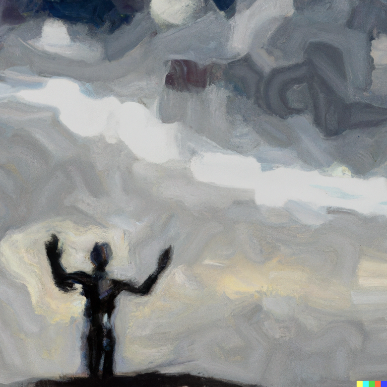 DALL·E 2023-01-25 23.43.47 - Painted cyborg android worshipping a blackened smoke filled sky, impressionist, smeared paint, stark contrast, depressing.png