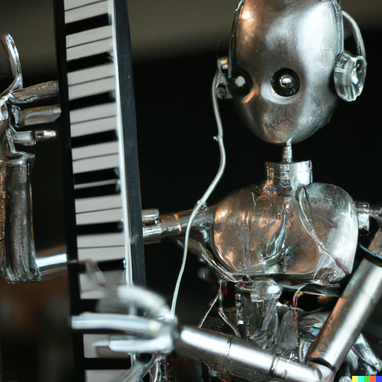 DALL·E 2023-01-25 23.23.18 - high quality photo of an Android made of small mechanical cyborg parts, portrait, performing with a synthesizer, realistic, ultra high quality.png