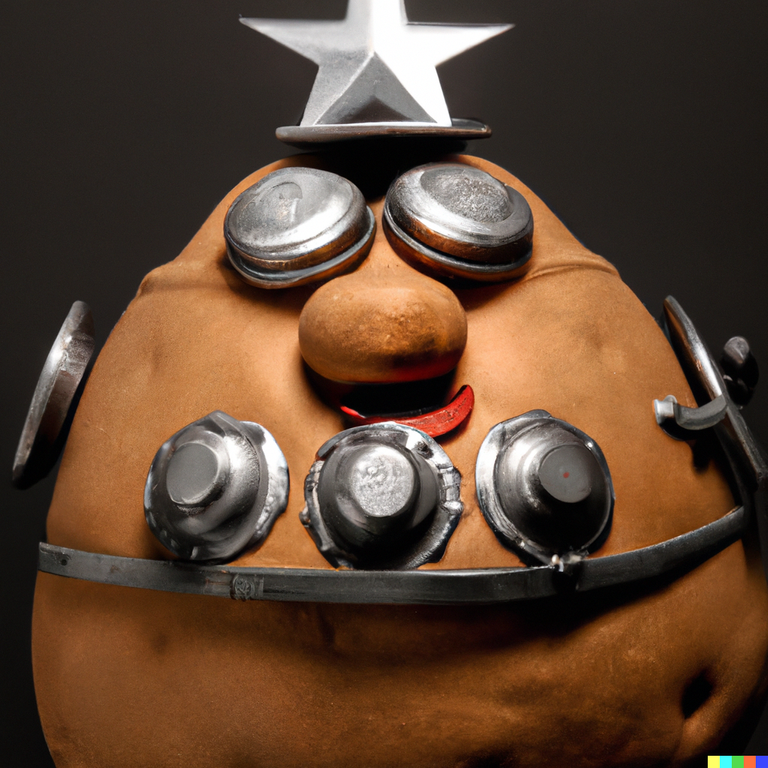 DALL·E 2023-03-02 22.00.18 - A photo of a military Mr. Potato Head with huge weaponry as arms and bullets across the chest, heavy details.png