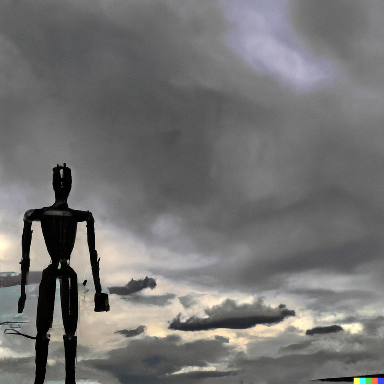 DALL·E 2023-01-25 23.43.34 - Painted cyborg android worshipping a blackened smoke filled sky, impressionist, smeared paint, stark contrast, depressing.png