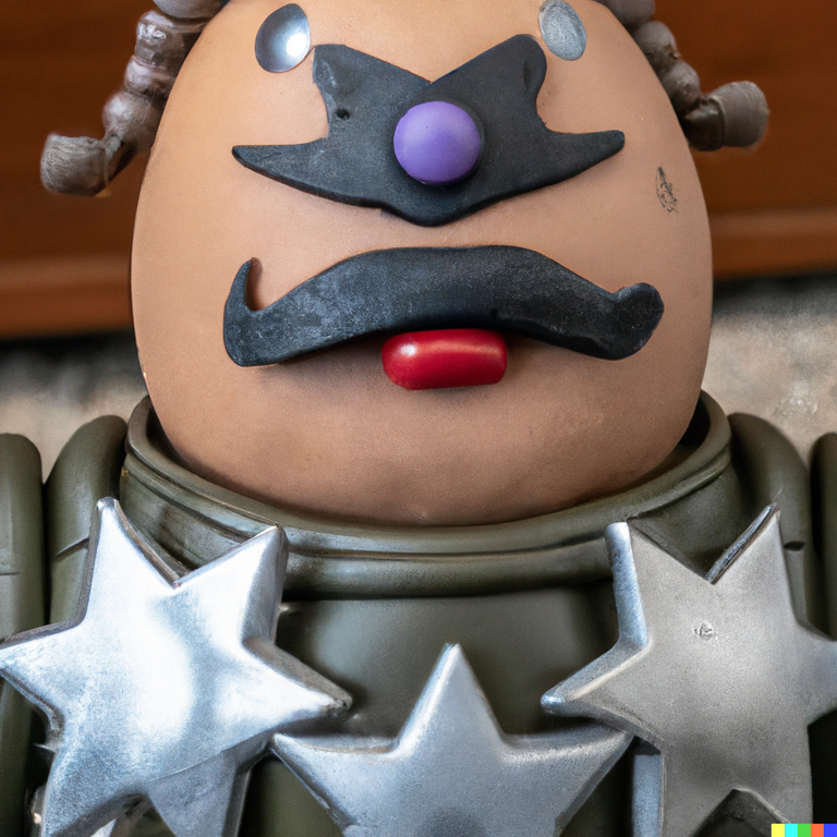 DALL·E 2023-03-02 22.00.30 - A photo of a military Mr. Potato Head with huge weaponry as arms and bullets across the chest, heavy details.png