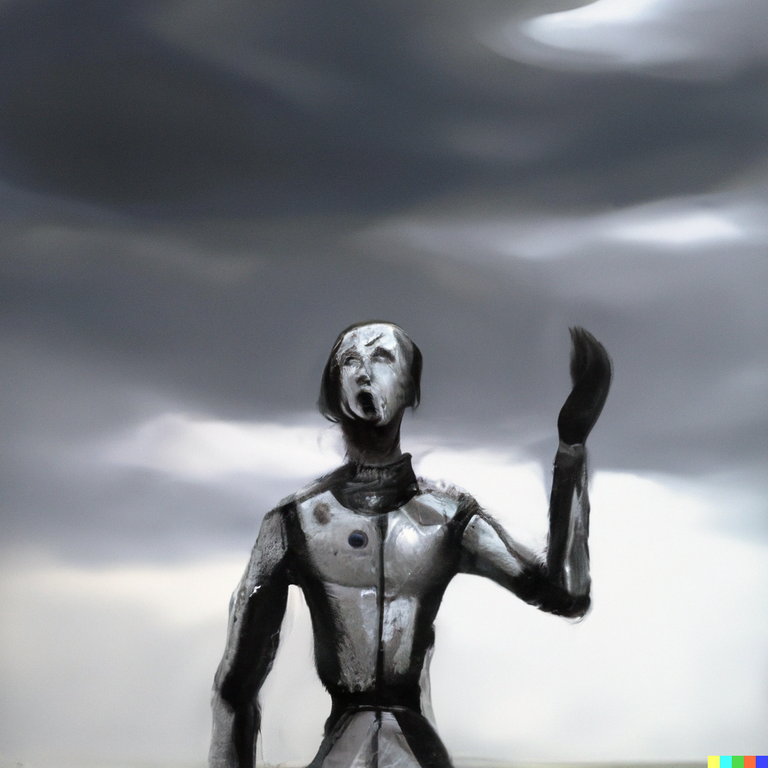 DALL·E 2023-01-25 23.43.41 - Painted cyborg android worshipping a blackened smoke filled sky, impressionist, smeared paint, stark contrast, depressing.png