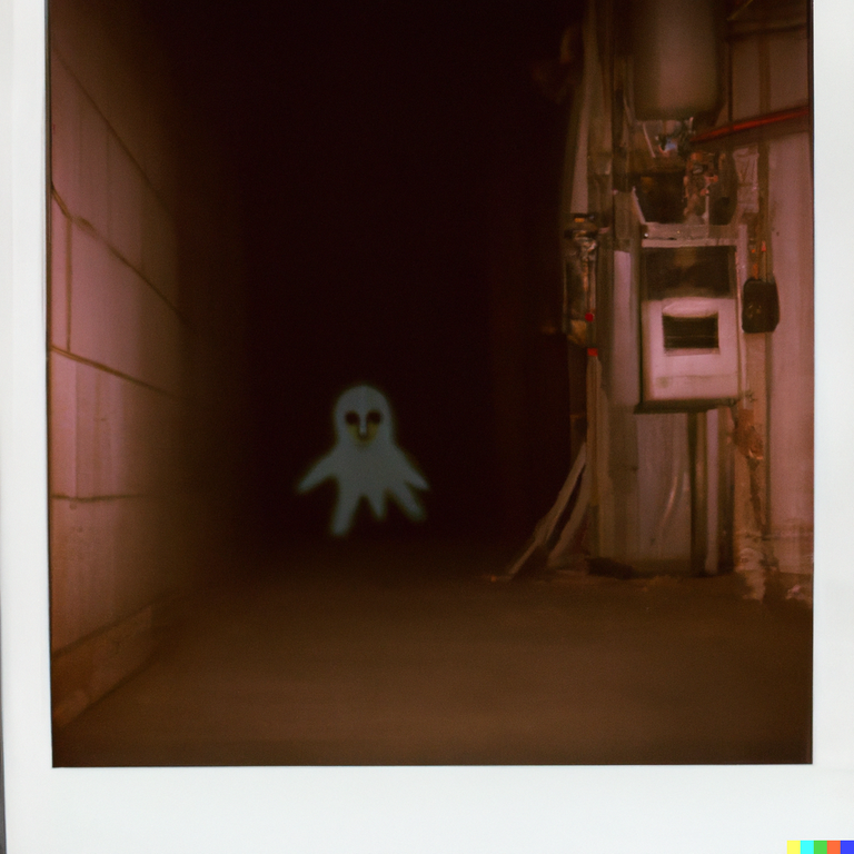 DALL·E 2023-03-02 22.01.42 - A polaroid of dark dingey basement with some sort of demon creature peering around a shadowy corner.png