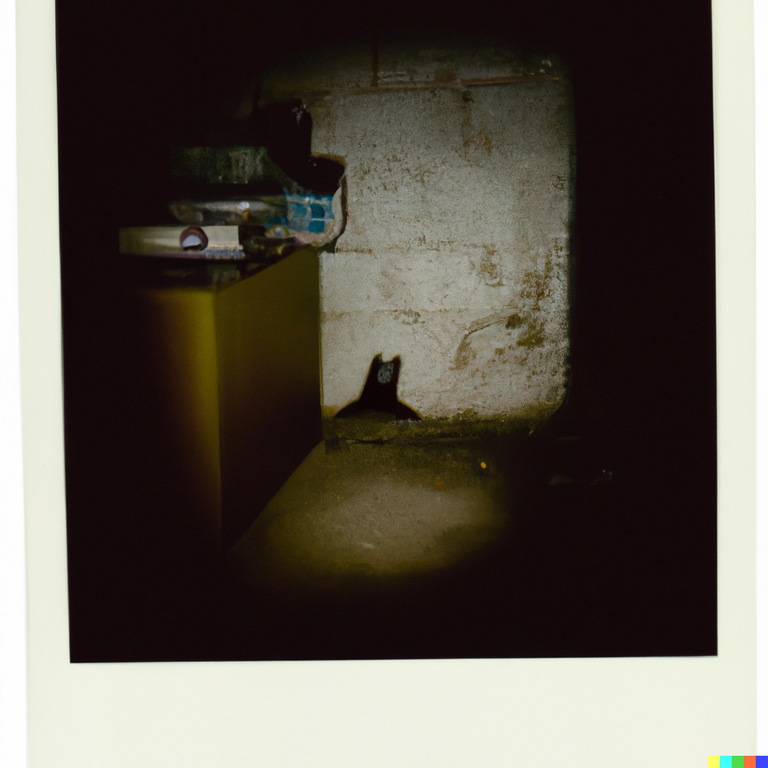 DALL·E 2023-03-02 22.01.50 - A polaroid of dark dingey basement with some sort of demon creature peering around a shadowy corner.png