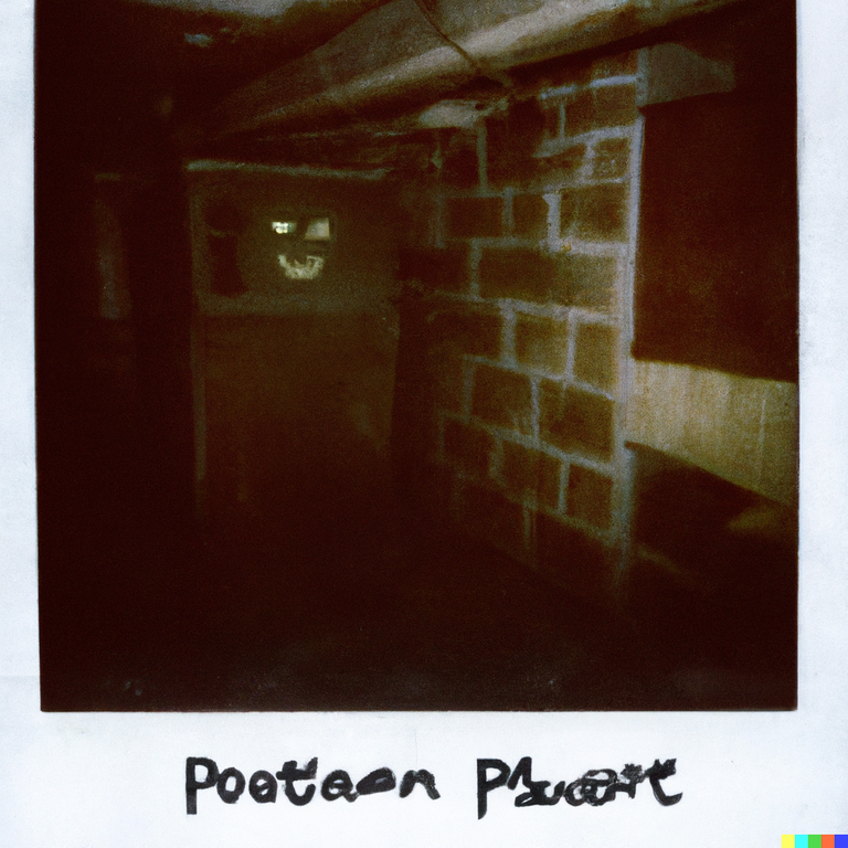 DALL·E 2023-03-02 22.01.26 - A polaroid of dark dingey basement with some sort of demon creature peering around a shadowy corner.png