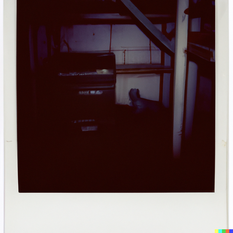 DALL·E 2023-03-02 22.01.35 - A polaroid of dark dingey basement with some sort of demon creature peering around a shadowy corner.png