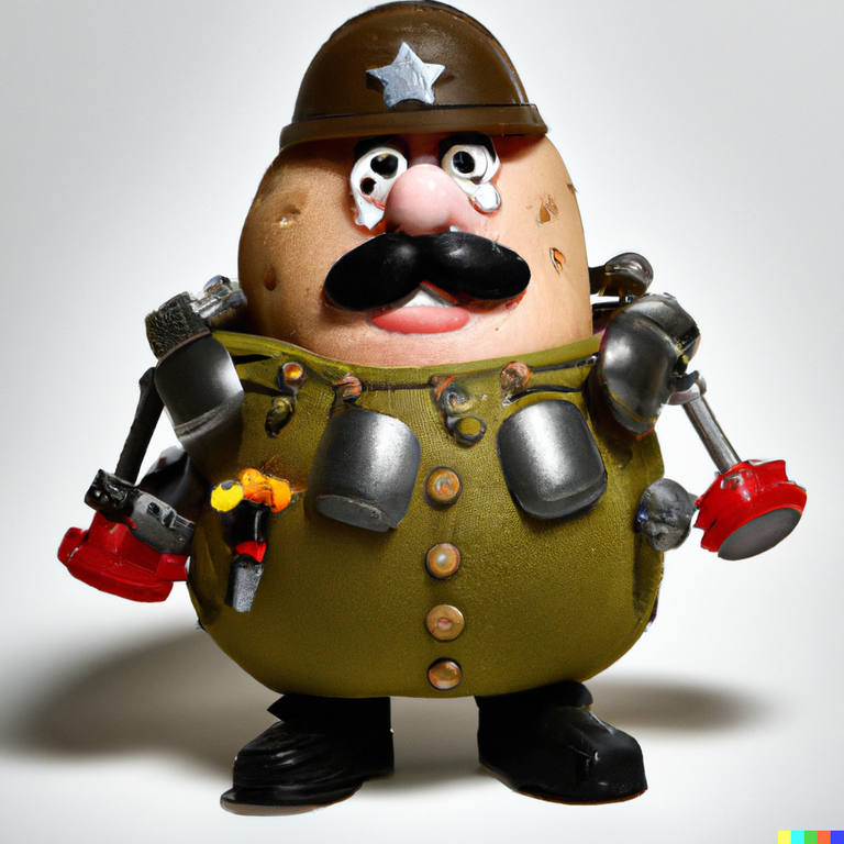 DALL·E 2023-03-02 22.00.23 - A photo of a military Mr. Potato Head with huge weaponry as arms and bullets across the chest, heavy details.png