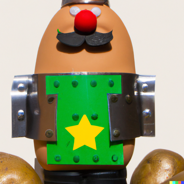 DALL·E 2023-03-02 22.00.10 - A photo of a military Mr. Potato Head with huge weaponry as arms and bullets across the chest, heavy details.png