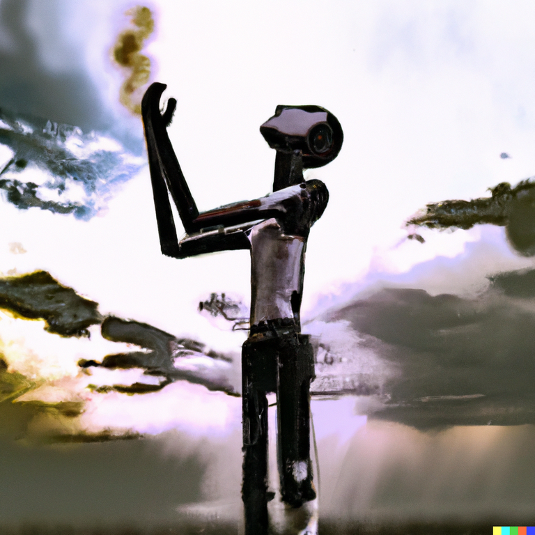 DALL·E 2023-01-25 23.43.53 - Painted cyborg android worshipping a blackened smoke filled sky, impressionist, smeared paint, stark contrast, depressing.png