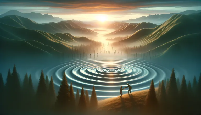 DALL·E 2024-02-19 20.56.00 - A serene landscape depicting the ripple effect of positivity, symbolizing the profound impact of kindness. The image should show a small act of kindne.png