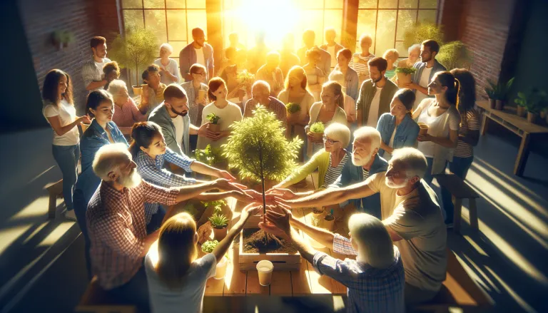 DALL·E 2024-02-19 20.56.32 - An image of diverse people from different backgrounds and ages, forming strong bonds by engaging in acts of kindness together in a community setting.png