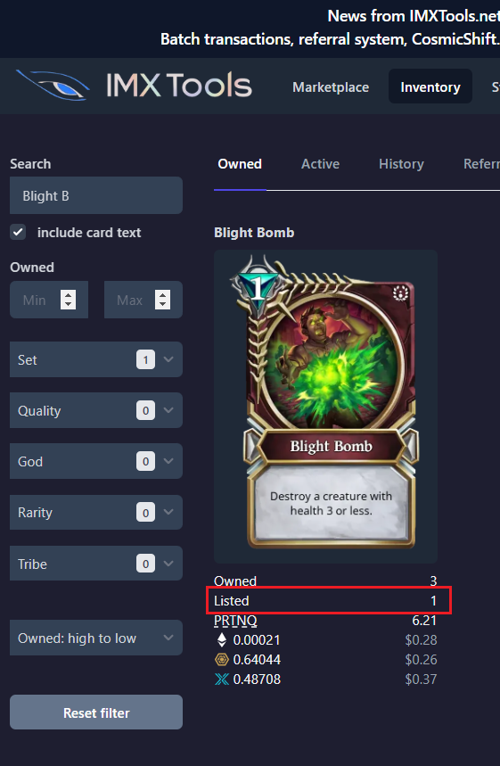 Listed cards in your Inventory