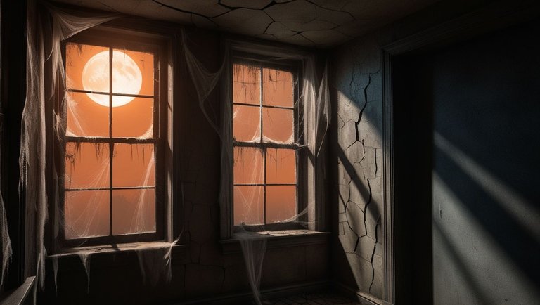 Inside an aged, dimly lit house, cracked walls and an unsettling aura. The orange moonlight filters through dusty windows, illuminating cobwebs in the corners. Shadows seem to dance along the walls, mysterious an.jpg