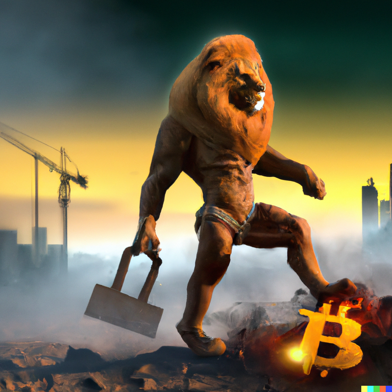 DALL·E 2023-06-25 16.36.47 - A 3d realism painting._A Lion standing as a human would. Dressed as a knight. With its left foot stomping on the Bitcoin logo._With demolished city on.png