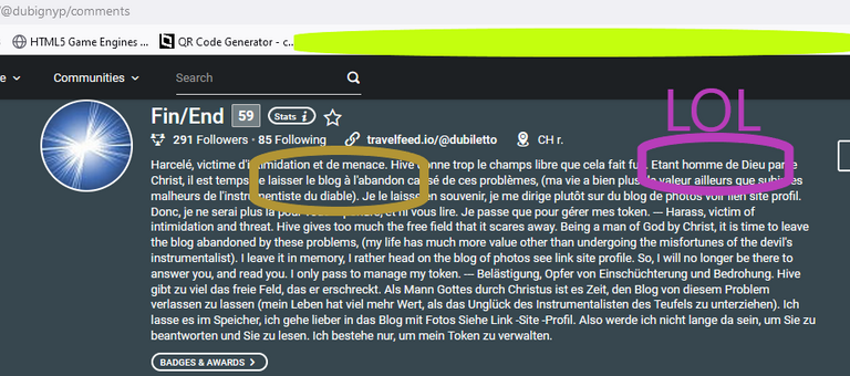 printscreen de la description du compte du plaignant en date du 3-12-22, au dossier